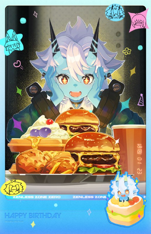 生日快乐苍角丨甜咸永动「嘿嘿，柳姐特许！苍角今天吃饭可以无视热量！」「那我就先吃三份汉堡，再来四个布丁！咸一个胃、甜一个胃！两个胃都不受累~」「嗯嗯，两个胃分工合作，怎么算暴饮暴食呢~」source @ZZZ_Game #生日贺图生日快乐苍角丨甜咸永动「嘿嘿，柳姐特许！苍角今天吃饭可以无视热量！」「那我就先吃三份汉堡，再来四个布丁！咸一个胃、甜一个胃！两个胃都不受累~」「嗯嗯，两个胃分工合作，怎么算暴饮暴食呢~」source @ZZZ_Game #生日贺图