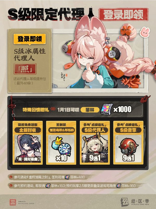 2.5版本「微光引灯时」福利速递2.5版本「微光引灯时」将于12月30日正式上线，首位双形态代理人-虚狩「叶瞬光」登场！活动期间，可限时免费领取全新限定S级代理人「照」、直升40级养成补给以及「简」全新泳装，更有1000菲林特殊回馈赠礼，参与签到还可领「加密母带×10」「邦布券×10」~参与累充活动「点映返礼」更有S级代理人及S级音擎9选1！另外，包括艾莲、柏妮思在内的数名代理人将迎来加强！更多福利内容及获取方式请查询官方公告~source @ZZZ_Game2.5版本「微光引灯时」福利速递2.5版本「微光引灯时」将于12月30日正式上线，首位双形态代理人-虚狩「叶瞬光」登场！活动期间，可限时免费领取全新限定S级代理人「照」、直升40级养成补给以及「简」全新泳装，更有1000菲林特殊回馈赠礼，参与签到还可领「加密母带×10」「邦布券×10」~参与累充活动「点映返礼」更有S级代理人及S级音擎9选1！另外，包括艾莲、柏妮思在内的数名代理人将迎来加强！更多福利内容及获取方式请查询官方公告~source @ZZZ_Game