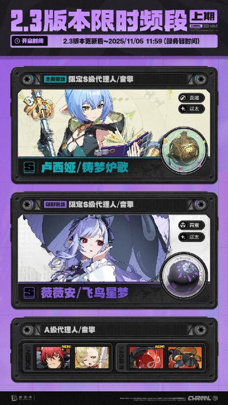 2.3版本限时频段（上期）亲爱的绳匠：本期代理人与音擎调频活动时间为：2.3版本更新后~2025/11/05 11:59，包含如下内容：「绮夜游灯」调频活动活动期间，限定S级代理人[卢西娅(支援·以太)]以及A级代理人[狛野真斗(命破·火)]、[派派(异常·物理)]的调频获取概率将大幅提升！「喧哗奏鸣」调频活动活动期间，限定S级音擎[铸梦炉歌(支援)]以及A级音擎[燔火胧夜(命破)]、[轰鸣座驾(异常)]的调频获取概率将大幅提升！「飞鸟坠入良夜」调频活动活动期间，限定S级代理人[薇薇安(异常·以太)]以及A级代理人[狛野真斗(命破·火)]、[派派(异常·物理)]的调频获取概率将大幅提升！「激荡谐振」调频活动活动期间，限定S级音擎[飞鸟星梦(异常)]以及A级音擎[燔火胧夜(命破)]、[轰鸣座驾(异常)]的调频获取概率将大幅提升！※ 以上信号中，限定S级代理人与限定S级音擎均不会进入「热门卡司」常驻频段