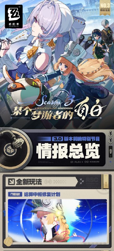 情报总览丨《绝区零》3.0版本「某个梦游者的自白」《绝区零》3.0版本全新主城罗斯凯利法即将开放，全新代理人「维琳娜」、「诺姆」、「佩洛伊斯」即将登场！免费赠送1600菲林，主角代理人「佩洛伊斯」、专属音擎及其影画，主角时装及配饰