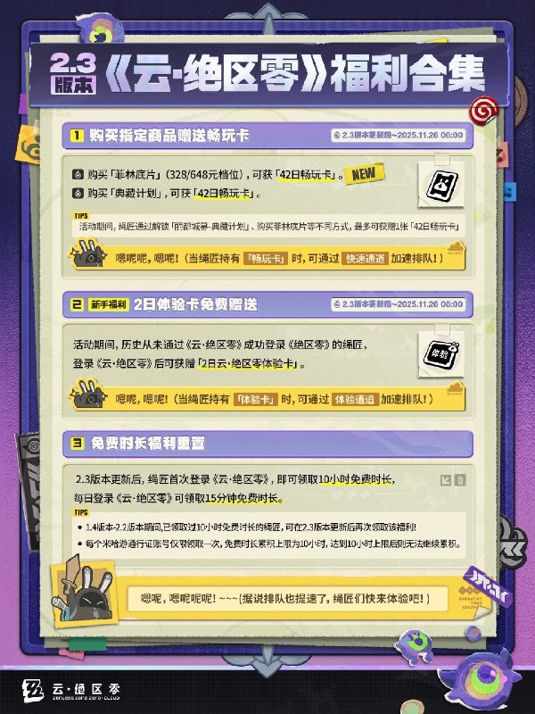 《云·绝区零》2.3版本福利一览2.3版本期间，在《绝区零》购买指定游戏内商品即可获赠《云·绝区零》-「42日畅玩卡」！登录《云·绝区零》，还有更多其他福利限时放送中！source @ZZZ_Game《云·绝区零》2.3版本福利一览2.3版本期间，在《绝区零》购买指定游戏内商品即可获赠《云·绝区零》-「42日畅玩卡」！登录《云·绝区零》，还有更多其他福利限时放送中！source @ZZZ_Game