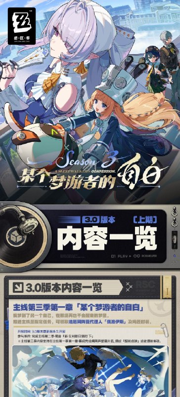 某个梦游者的自白丨3.0版本内容一览（上期）绳匠们好，3.0版本现已开启！S级代理人[维琳娜(风·异常)]、[叶瞬光(凛刃·强攻)]与S级音擎[琳琅鎏心(异常)]、[云霓孤光(强攻]加入限时频段~更有主线第三季第一章「某个梦游者的自白」、福利活动「纪念臻礼」、主题活动「邦邦！天才与奇迹芯片」等精彩内容更新，一起来看看吧！source @ZZZ_Game某个梦游者的自白丨3.0版本内容一览（上期）绳匠们好，3.0版本现已开启！S级代理人[维琳娜(风·异常)]、[叶瞬光(凛刃·强攻)]与S级音擎[琳琅鎏心(异常)]、[云霓孤光(强攻]加入限时频段~更有主线第三季第一章「某个梦游者的自白」、福利活动「纪念臻礼」、主题活动「邦邦！天才与奇迹芯片」等精彩内容更新，一起来看看吧！source @ZZZ_Game