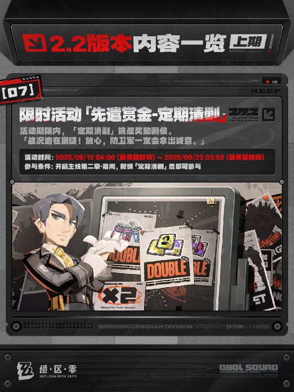 不要温和地走入那良夜丨2.2版本内容一览（上期）绳匠们好，2.2版本现已开启！S级代理人[「席德」(强攻·电)]、[「扳机」(击破·电)]与S级音擎[机巧心种(强攻)]、[索魂影眸(击破)]加入限时频段；S级邦布[「墨丘利」]永久加入邦布频段~更有全新主线「不要温和地走入那良夜」、「『席德』」专题放映、主题活动「小邦布勇任防卫军」等精彩内容更新，一起来看看吧！source @ZZZ_Game不要温和地走入那良夜丨2.2版本内容一览（上期）绳匠们好，2.2版本现已开启！S级代理人[「席德」(强攻·电)]、[「扳机」(击破·电)]与S级音擎[机巧心种(强攻)]、[索魂影眸(击破)]加入限时频段；S级邦布[「墨丘利」]永久加入邦布频段~更有全新主线「不要温和地走入那良夜」、「『席德』」专题放映、主题活动「小邦布勇任防卫军」等精彩内容更新，一起来看看吧！source @ZZZ_Game