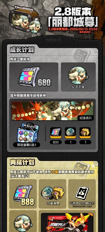 2.8版本「丽都城募」说明亲爱的绳匠：活动期间，绳匠可以在「丽都城募」中，通过提升城募等级获取丰厚奖励！解锁「成长计划」，更可立即获得[菲林]*680与专属头像[镜头嗅觉]！解锁「典藏计划」，还可额外立即获得[菲林]*208、「导览套件」、[音擎主控芯片]、[谐振核心仪]与[以太电池]奖励！解锁「成长计划」或「典藏计划」后通过提升城募等级还可获得专属名片[戏影流光幕间]、[音擎主控芯片]、[「仓鼠笼」访问器]、[谐振核心仪]、养成材料等奖励！其中养成材料奖励绳匠可自选类型进行获取