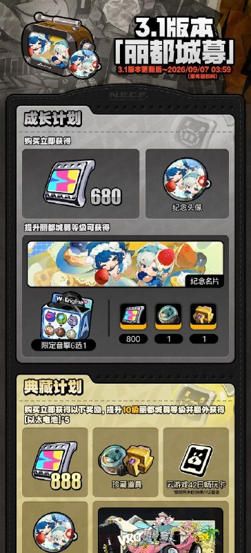 3.1版本「丽都城募」说明亲爱的绳匠：活动期间，绳匠可以在「丽都城募」中，通过提升城募等级获取丰厚奖励！解锁「成长计划」，更可立即获得[菲林]*680与专属头像[莓果派对]