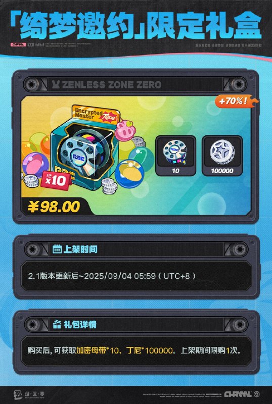 2.1版本「商城」上新说明亲爱的绳匠：2.1版本更新后，「商城」好物上新！ 一、【「畅行空洞」补给】礼包• 在售时间：2.1版本更新后~2025/09/04 05:59• 礼包内容：购买后，[「畅行空洞」补给]生效，绳匠可立即获得[菲林底片]*180和[丁尼]*75000的首日奖励，次日起每日登录可解锁一份[菲林]*120和[丁尼]*75000的奖励，上限4份