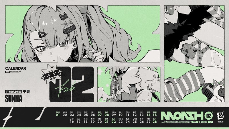 《绝区零》2026年2月月历壁纸「诶？刚刚的舞蹈练习你都看到了？」「...下、下一遍我一定可以的！所以请把我进错拍的画面忘掉吧呜呜呜...」 亲爱的绳匠，欢迎下载&使用2月月历壁纸~ ▼ 原图获取方式点击下方链接，输入密码后即可下载