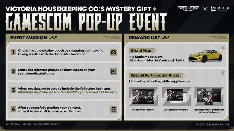 Aston Martin × Zenless Zone Zero Collab: Gamescom Event AnnouncementDear Proxies, complete missions at the event site to receive exclusive collab merch! You'll also have a chance to win a limited edition 1:18 scale model car of the 2024 Aston Martin Vantage!source @ZZZ_Game #hoyoverseAston Martin × Zenless Zone Zero Collab: Gamescom Event AnnouncementDear Proxies, complete missions at the event site to receive exclusive collab merch! You'll also have a chance to win a limited edition 1:18 scale model car of the 2024 Aston Martin Vantage!source @ZZZ_Game #hoyoverse