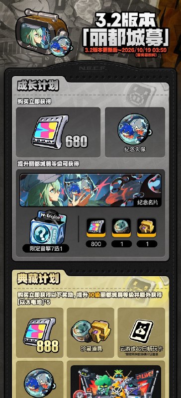 3.2版本「丽都城募」说明亲爱的绳匠：活动期间，绳匠可以在「丽都城募」中，通过提升城募等级获取丰厚奖励！解锁「成长计划」，更可立即获得[菲林]*680与专属头像[风浪的起点]