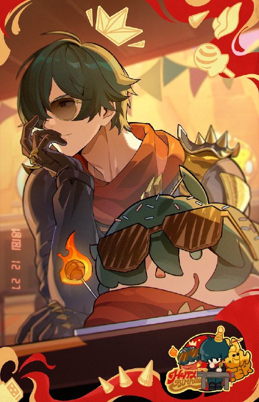 生日快乐莱特丨芝心冠军「莱特，这是我们大家一起给你做的蛋糕！厉害吧！」「不过露西带回来的那本烘焙书实在太啰嗦了，巧克力墨镜的部分我还没学到，就拿纸壳代替了一下，是不是很逼真！」「谢、谢大家…趁纸壳被烧到之前，我就先把火焰吹灭咯