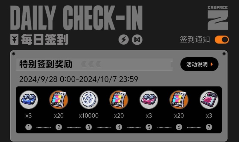 特别签到活动开启，参与解锁更多菲林奖励！绳匠们好呀~米游社特别签到活动现已开启！前往米游社App访问《绝区零》版区「签到福利」，参与7日累签活动，即可领取更多菲林、丁尼等游戏奖励！>>点击前往签到<<= 活动时间 =2024年9月28日-2024年10月7日 23:59= 参与方式 =活动期间，在米游社绝区零版区-签到福利完成每日签到，可额外获得对应累计签到天数的奖励