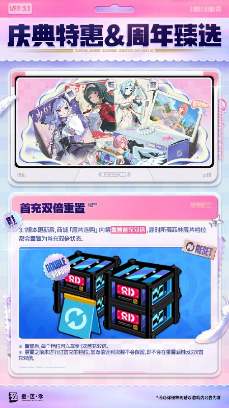 V3.1庆典特惠&周年臻选绳匠好！本期带来了3.1版本首充双倍重置、限时活动「点映返礼」、全新时装等更新情报，一起来看看吧！source @ZZZ_GameV3.1庆典特惠&周年臻选绳匠好！本期带来了3.1版本首充双倍重置、限时活动「点映返礼」、全新时装等更新情报，一起来看看吧！source @ZZZ_Game