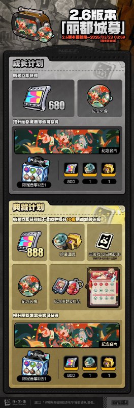 2.6版本「丽都城募」说明亲爱的绳匠：活动期间，绳匠可以在「丽都城募」中，通过提升城募等级获取丰厚奖励！解锁「成长计划」，更可立即获得[菲林]*680与专属头像[魔术皆为奇迹]！解锁「典藏计划」，还可额外立即获得[菲林]*208、「导览套件」、[音擎主控芯片]、[谐振核心仪]与[以太电池]奖励！解锁「成长计划」或「典藏计划」后通过提升城募等级还可获得专属名片[白鸽与烟火之间]、[音擎主控芯片]、[「仓鼠笼」访问器]、[谐振核心仪]、养成材料等奖励！其中养成材料奖励绳匠可自选类型进行获取